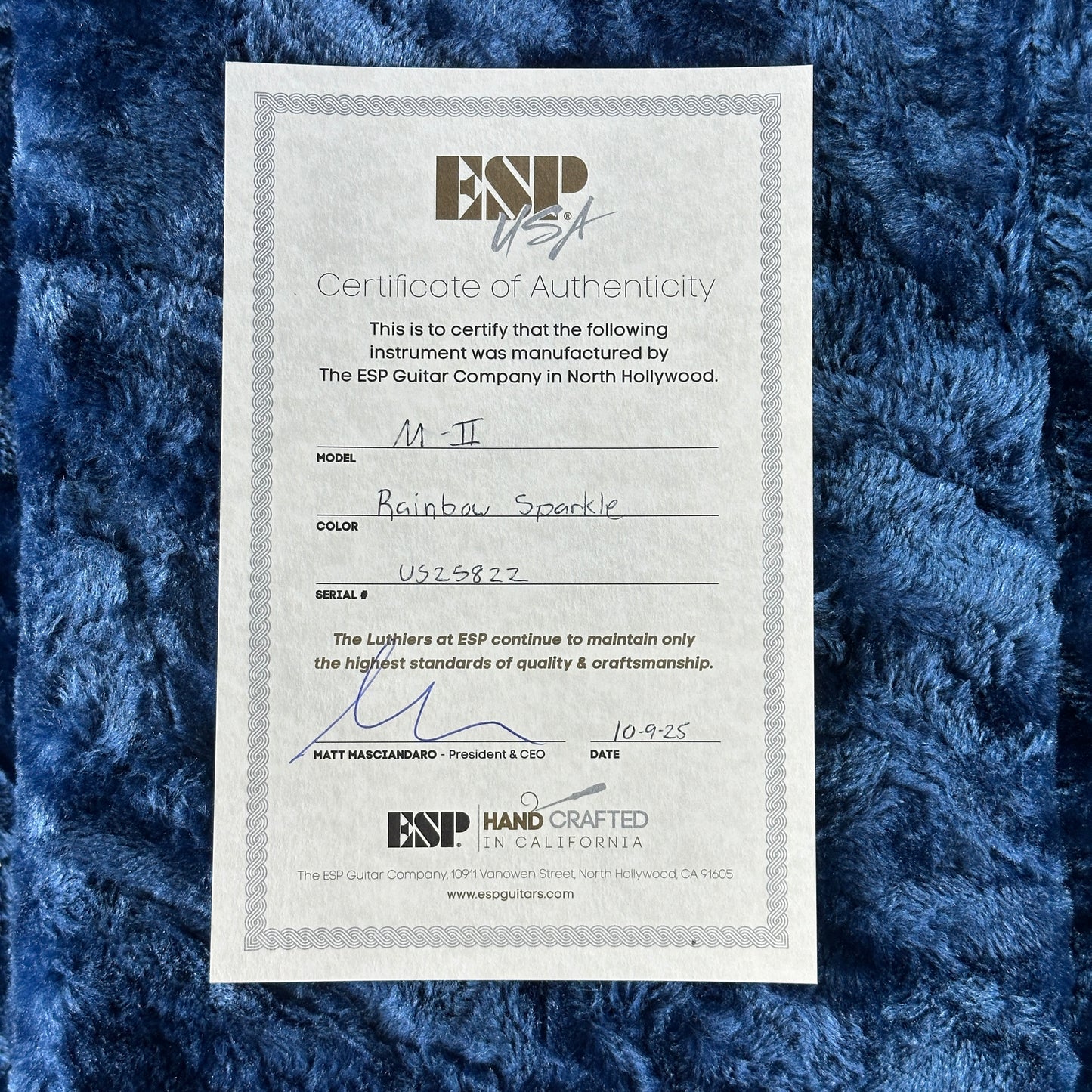 ESP Guitar Company Certificate of Authenticity on a textured blue background