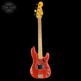 Full front of Used 2013 Fender Custom Shop '64 Precision Bass Relic Red Sparkle over Sunburst.