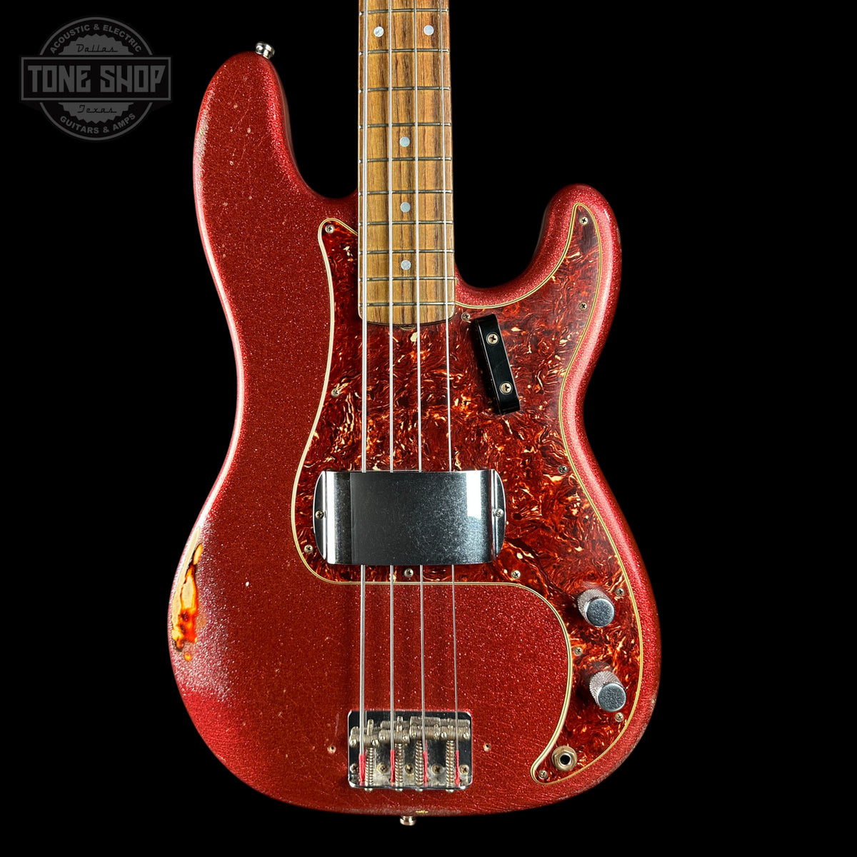 Front of Used 2013 Fender Custom Shop '64 Precision Bass Relic Red Sparkle over Sunburst.