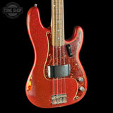 Front angle of Used 2013 Fender Custom Shop '64 Precision Bass Relic Red Sparkle over Sunburst.