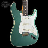 Front angle of Used 2021 Fender Custom Shop Double Bound Strat Sherwood Green Metallic.