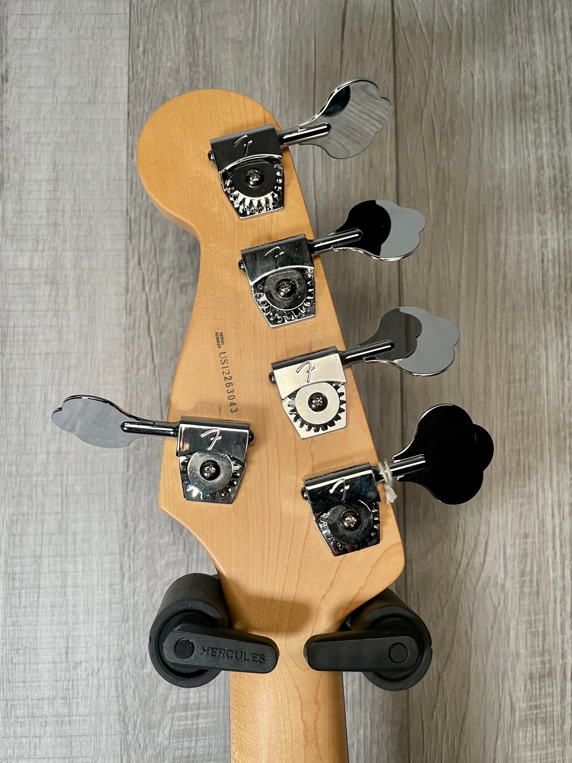 Back of headstock of Used 2012 Fender American Standard Precision V Bass 5 String TSS2893.
