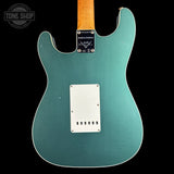Back of Used 2021 Fender Custom Shop Double Bound Strat Sherwood Green Metallic.
