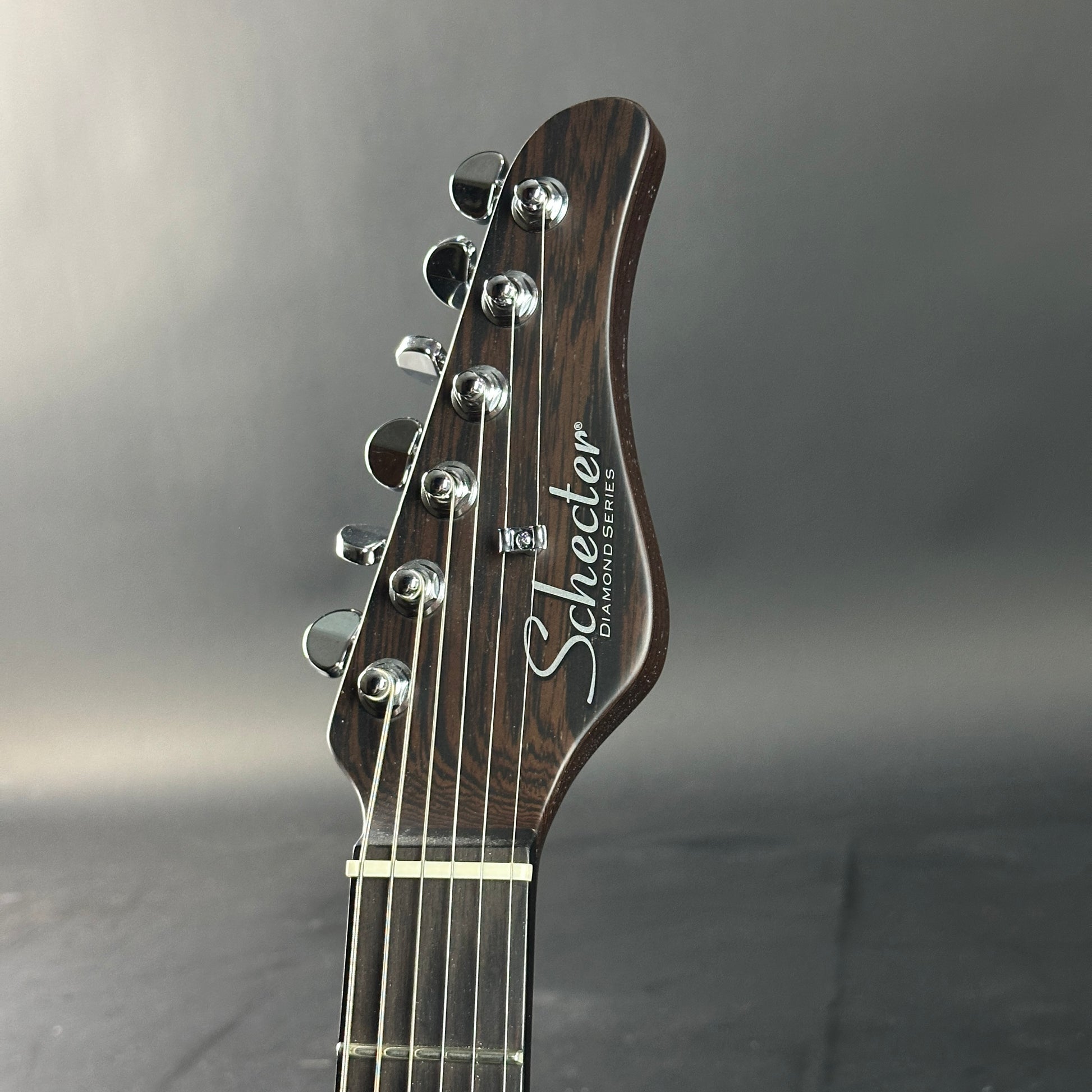 Guitar headstock with 'Schecter' branding on a gray background