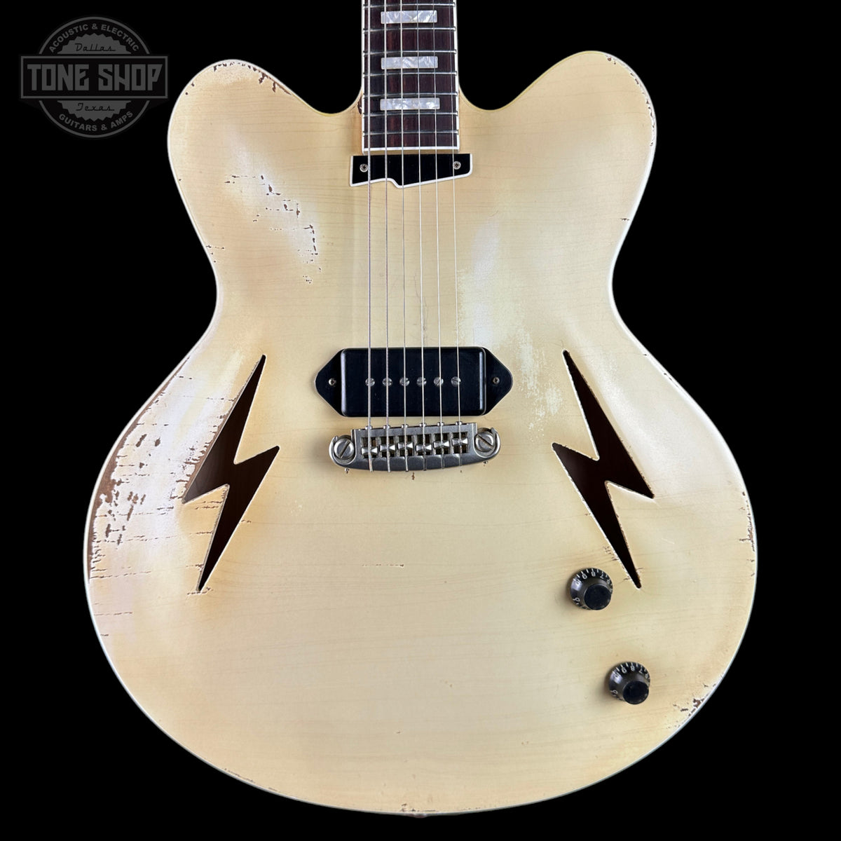 Front of Rock N Roll Relics Lightning Jr Nicotine White Medium Aging.