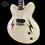 Front angle of Rock N Roll Relics Lightning Jr Nicotine White Medium Aging.