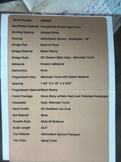 Spec sheet for Martin Custom Shop OM 41 Style Adirondack / Exceptional Broad Figure Koa.