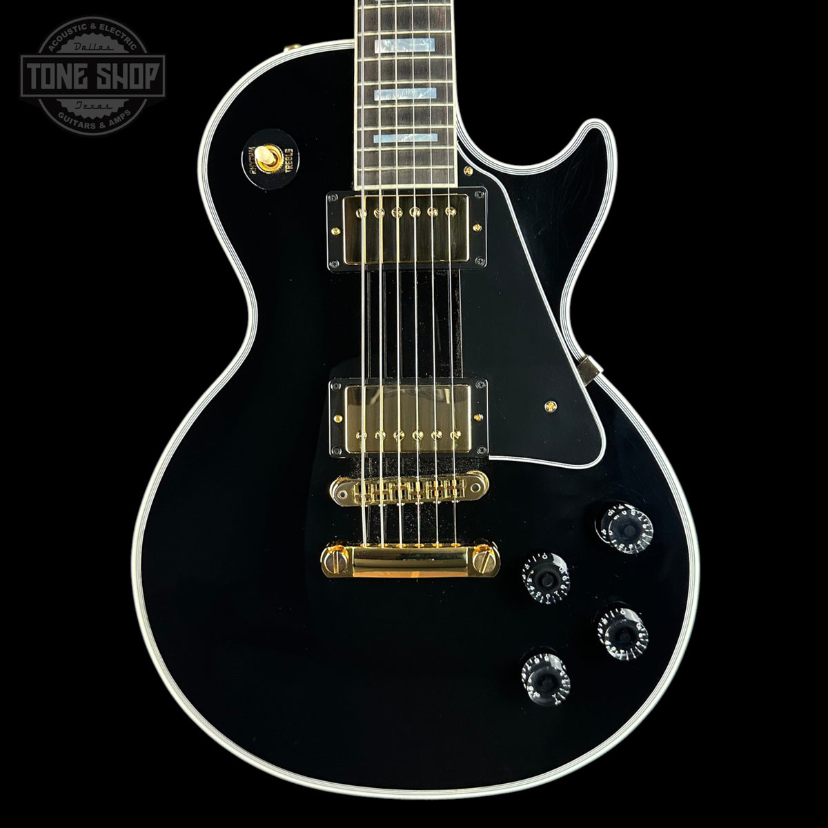 Front of Used Gibson Custom Shop Les Paul Custom Ebony.