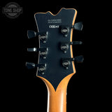 Guitar headstock with brand logo on a black background