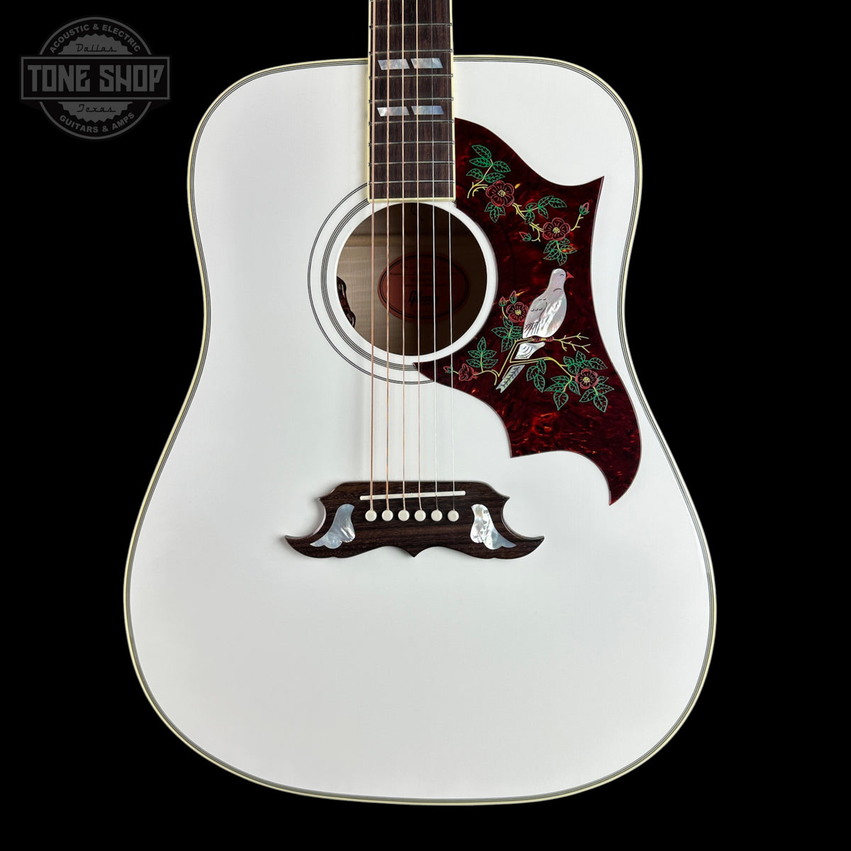 Front of Gibson Custom Dove Alpine White LR Baggs VTC.