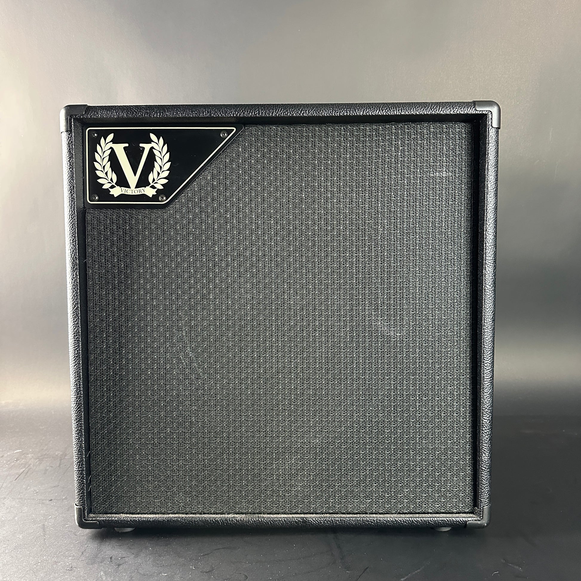 Guitar amplifier cabinet with a brand logo on a gray background