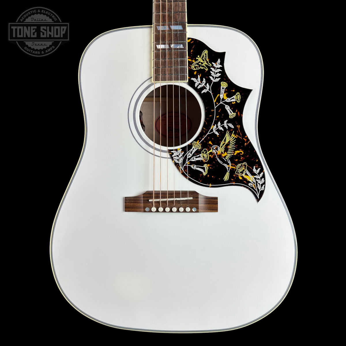 Front of Gibson Custom Made 2 Measure Hummingbird Maple Alpine White LR Baggs VTC.