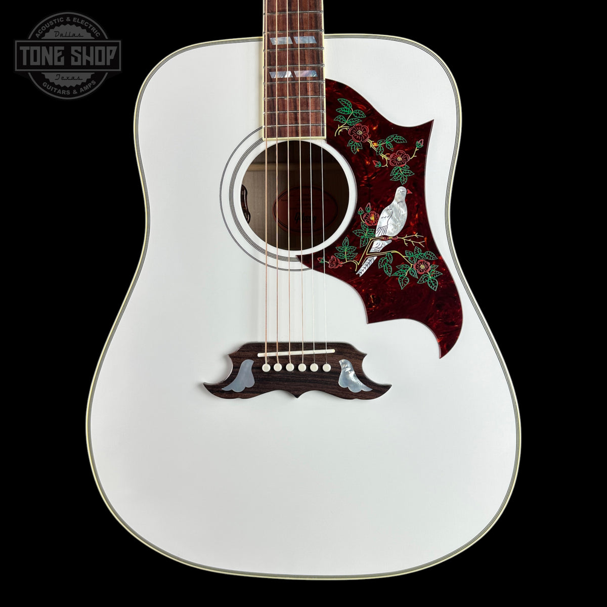 Front of Gibson Custom Dove Alpine White LR Baggs VTC.
