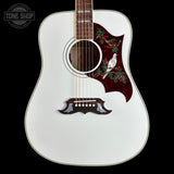 Front of Gibson Custom Dove Alpine White LR Baggs VTC.