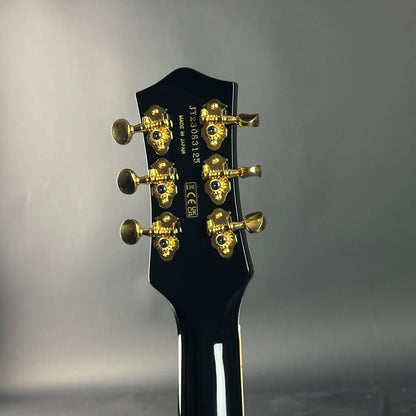 Back of headstock of Gretsch G6131T-62 Vintage Select Duo Jet Firebird Red.