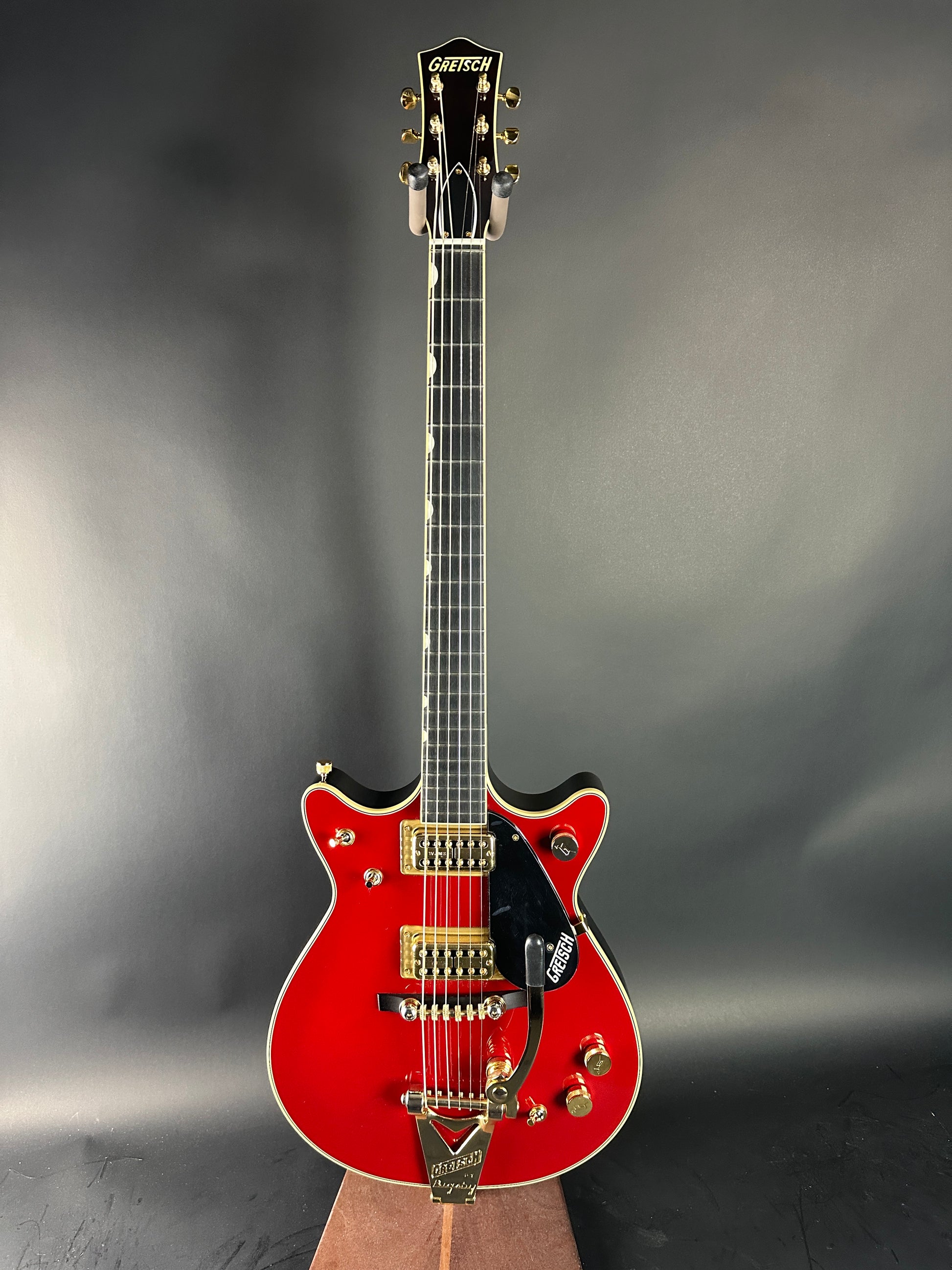 Full front of Gretsch G6131T-62 Vintage Select Duo Jet Firebird Red.