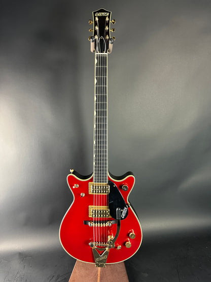 Full front of Gretsch G6131T-62 Vintage Select Duo Jet Firebird Red.