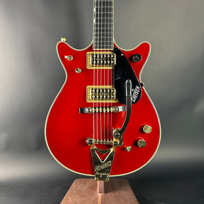 Front of Gretsch G6131T-62 Vintage Select Duo Jet Firebird Red.