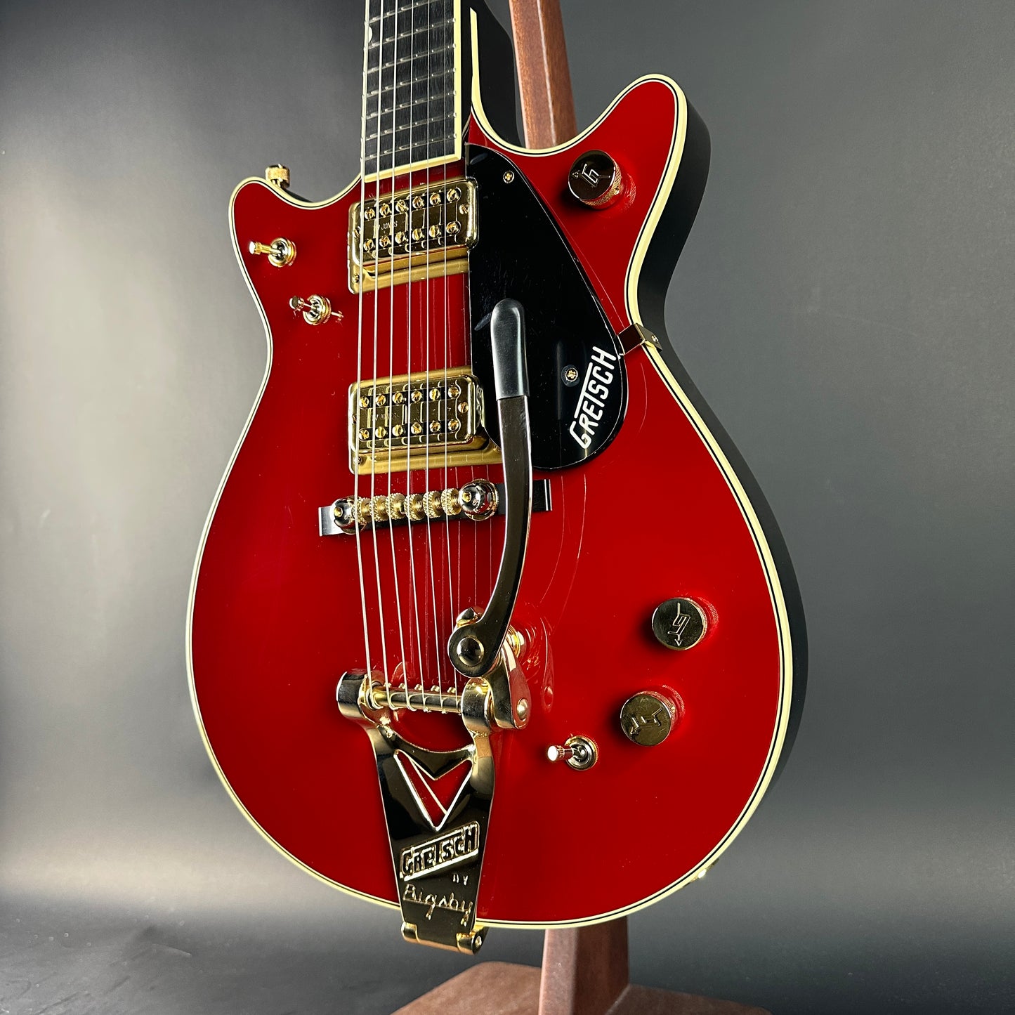 Front angle of Gretsch G6131T-62 Vintage Select Duo Jet Firebird Red.