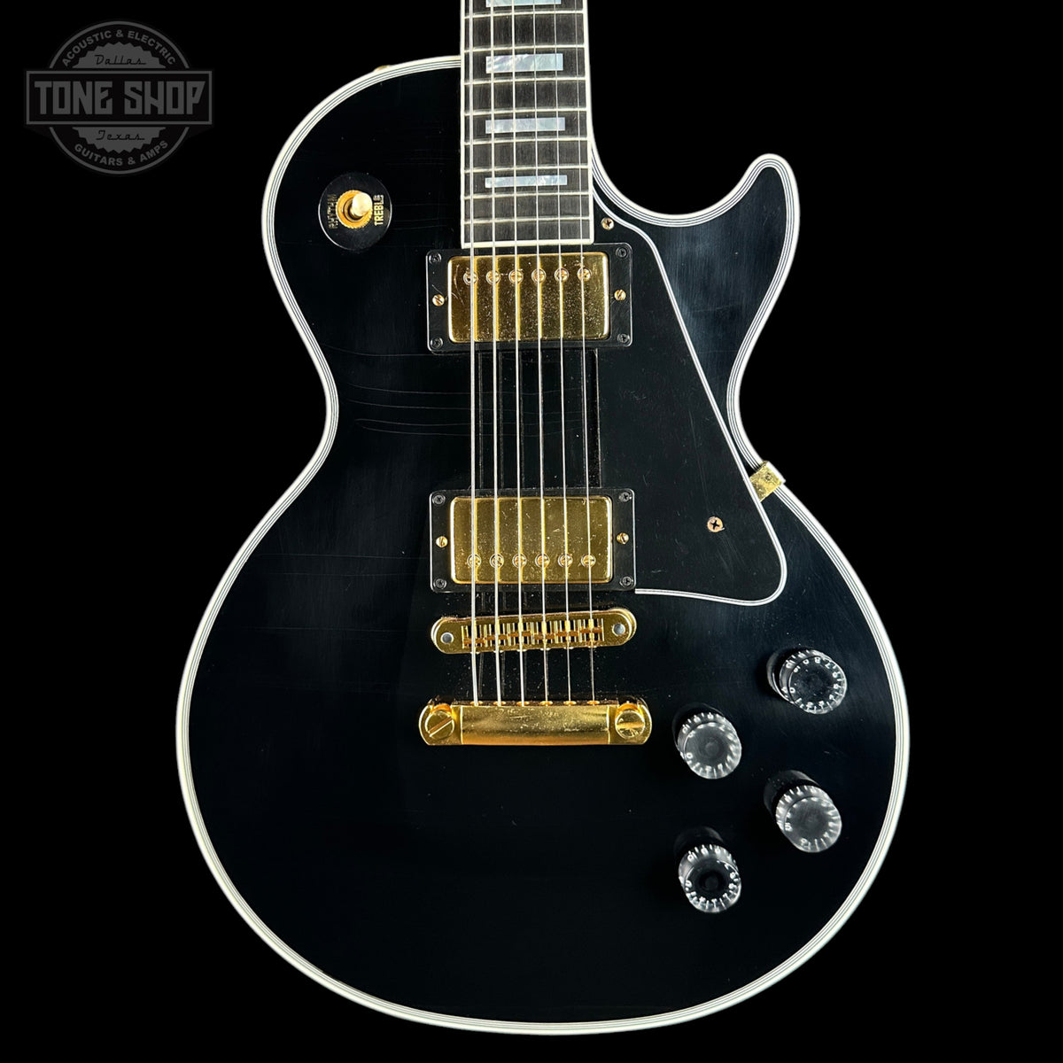 Front of Used Gibson Dealer Select Les Paul Custom Chambered Ebony Murphy Ultra Light Aged.