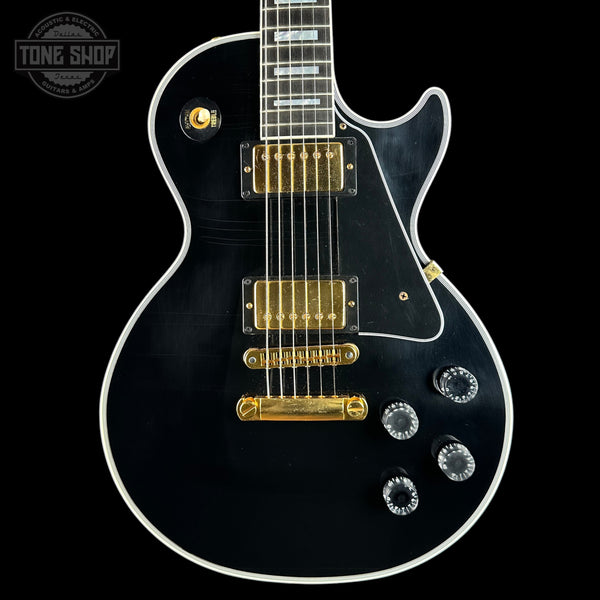 Front of Used Gibson Dealer Select Les Paul Custom Chambered Ebony Murphy Ultra Light Aged.