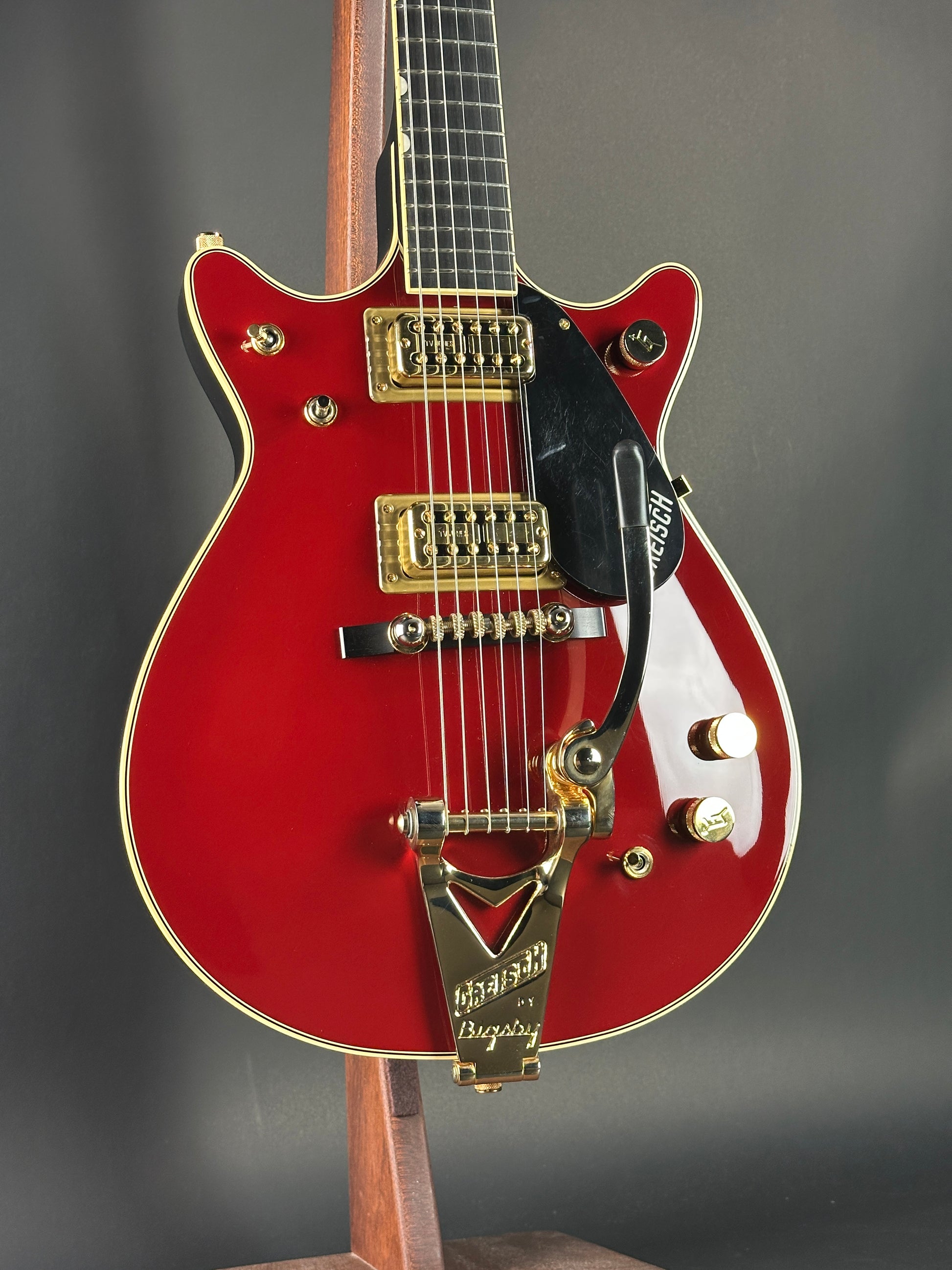 Front angle of Gretsch G6131T-62 Vintage Select Duo Jet Firebird Red.