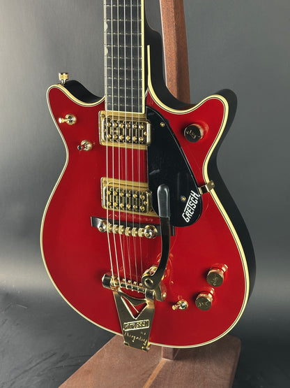 Front angle of Gretsch G6131T-62 Vintage Select Duo Jet Firebird Red.