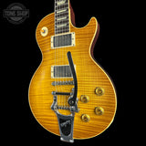 Front angle of Used 2022 Gibson Custom Shop M2M '59 Les Paul Standard Chambered Murphy Lab Ultra Light Aged Lemon Burst Bigsby.