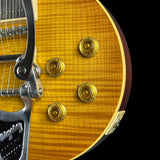 Front detail of Used 2022 Gibson Custom Shop M2M '59 Les Paul Standard Chambered Murphy Lab Ultra Light Aged Lemon Burst Bigsby.