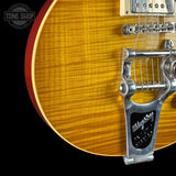 Front detail of Used 2022 Gibson Custom Shop M2M '59 Les Paul Standard Chambered Murphy Lab Ultra Light Aged Lemon Burst Bigsby.