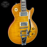 Front angle of Used 2022 Gibson Custom Shop M2M '59 Les Paul Standard Chambered Murphy Lab Ultra Light Aged Lemon Burst Bigsby.