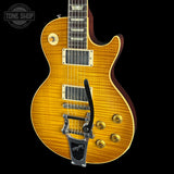 Front detail of Used 2022 Gibson Custom Shop M2M '59 Les Paul Standard Chambered Murphy Lab Ultra Light Aged Lemon Burst Bigsby.