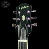Headstock of Used 2023 Epiphone SG Modern Figured Purple Burst.