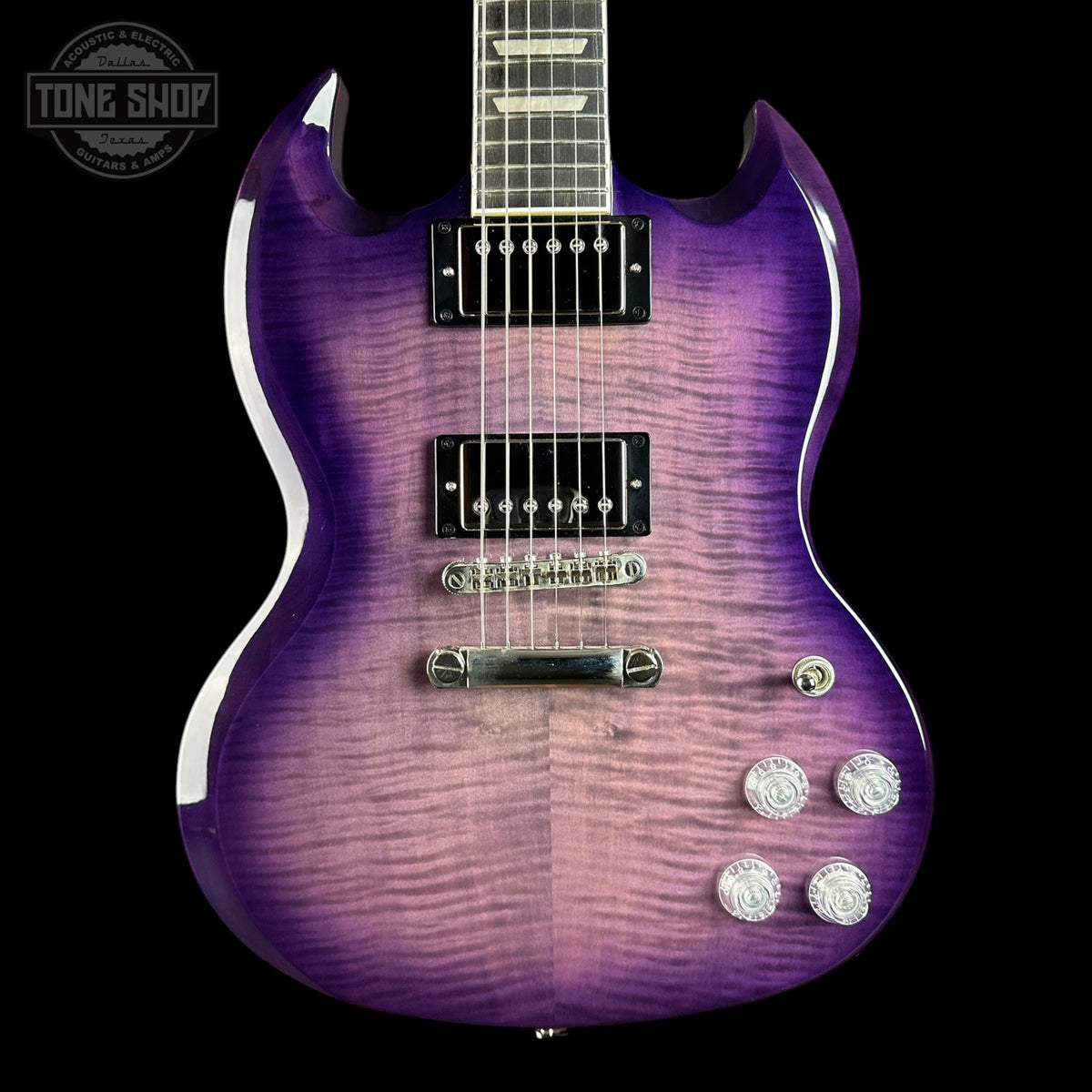 Front of Used 2023 Epiphone SG Modern Figured Purple Burst.