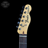 Headstock of Used 2023 Fender MIJ Limited International Color Telecaster Maui Blue.