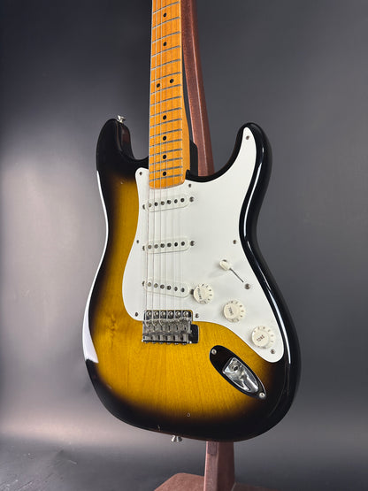 Front angle of Used 1984 Fender Fullerton 1957 Stratocaster Reissue 2-Color Sunburst.