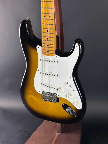 Front angle of Used 1984 Fender Fullerton 1957 Stratocaster Reissue 2-Color Sunburst.