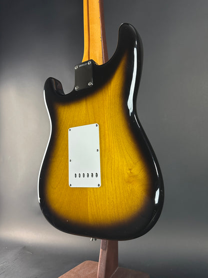 Back angle of Used 1984 Fender Fullerton 1957 Stratocaster Reissue 2-Color Sunburst.
