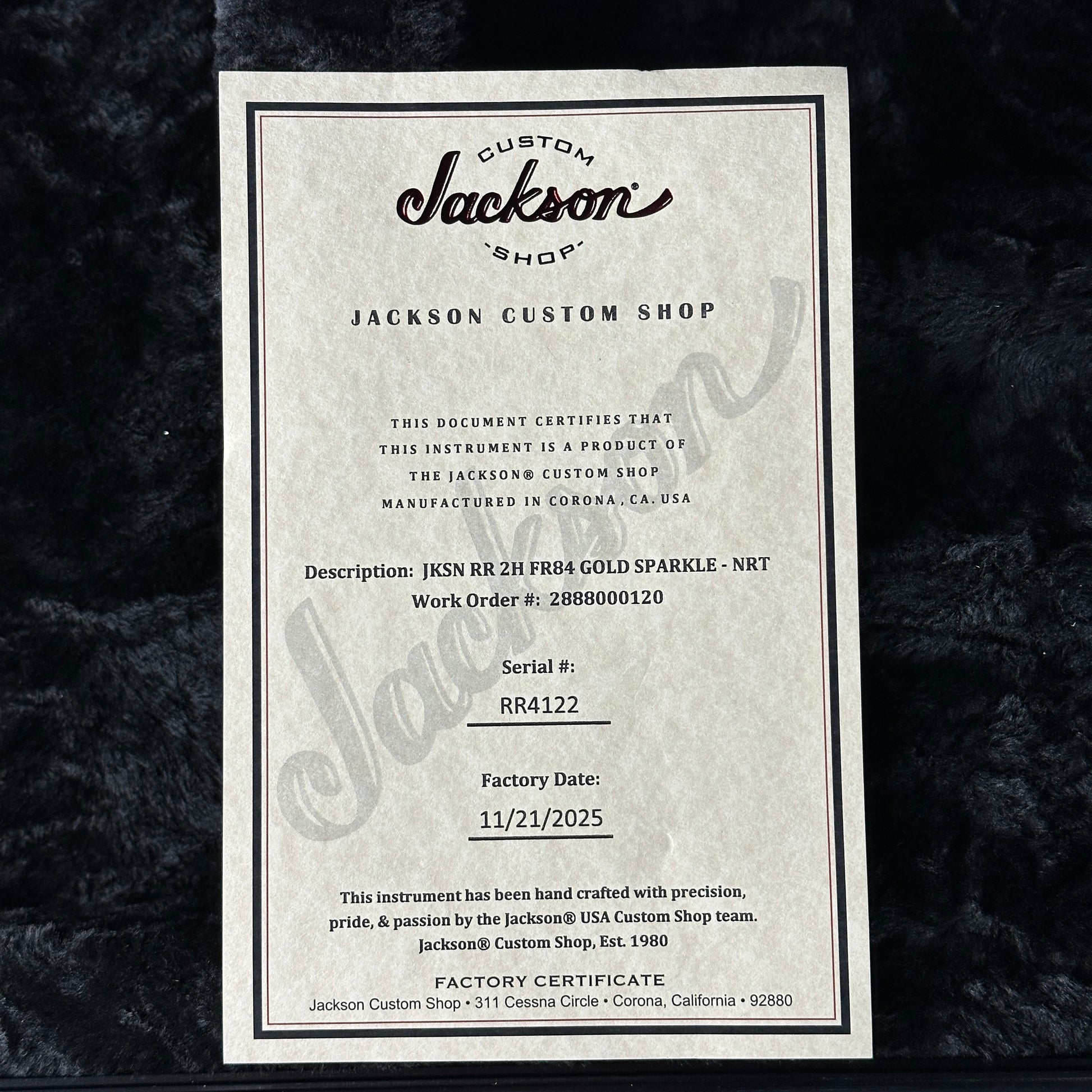 Jackson Custom Shop certificate on a textured black background