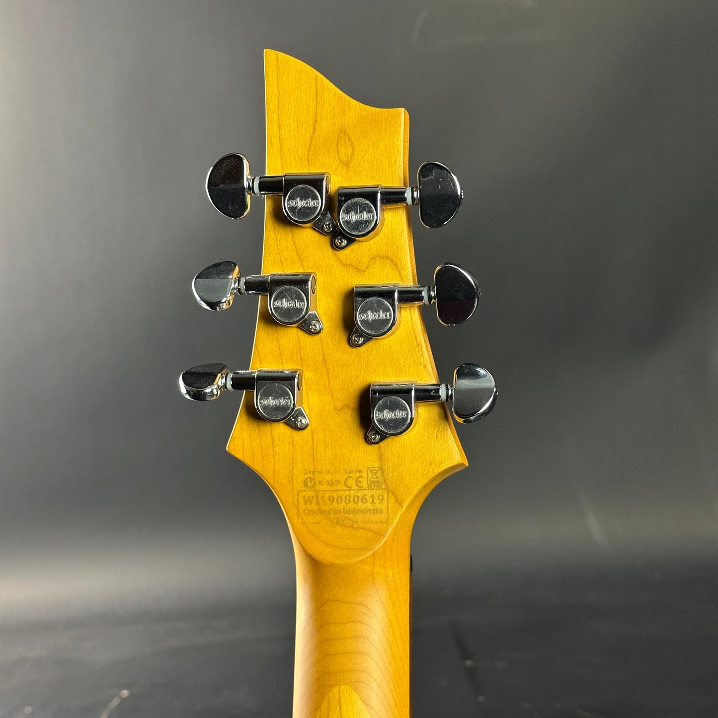Guitar headstock with tuning pegs on a dark gray background