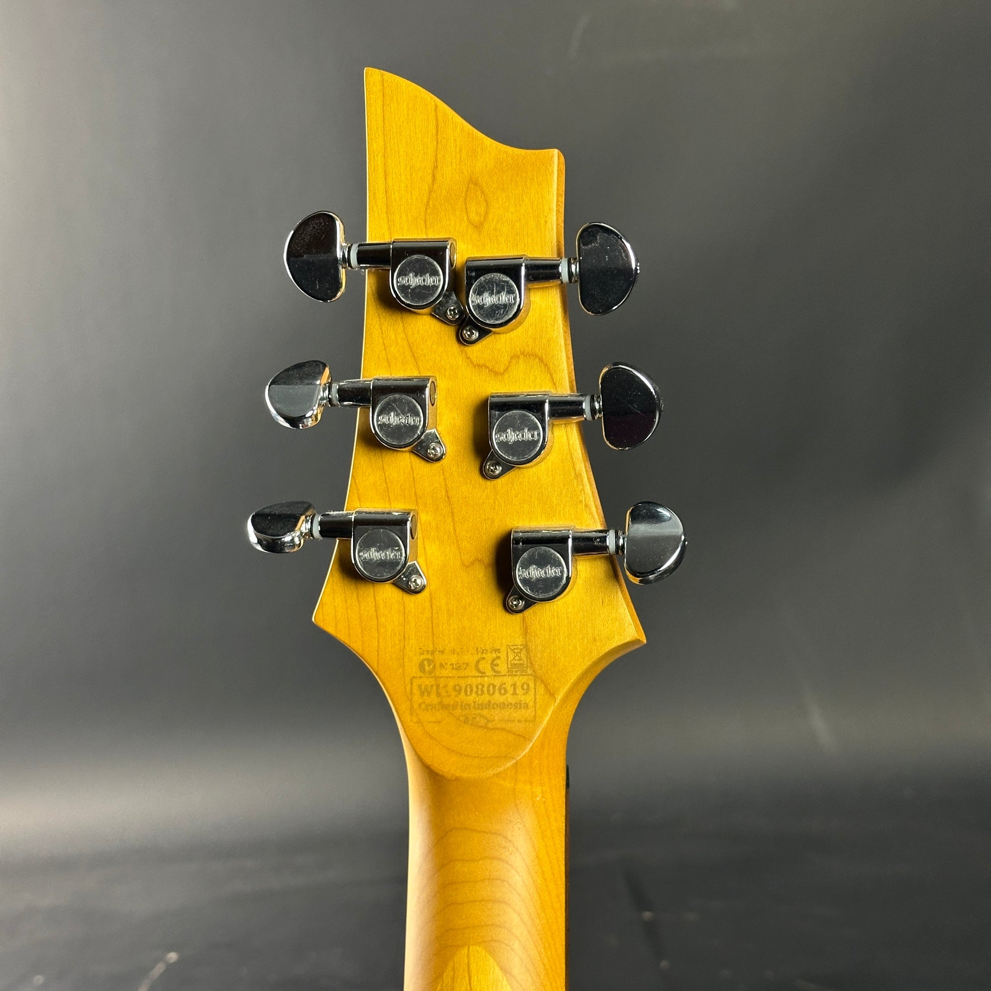 Guitar headstock with tuning pegs on a dark gray background