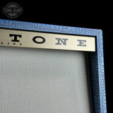 Front angle of Magnatone TSG Exclusive Panoramic Stereo Blue Croc / White 2x10 Tube Combo Amp.