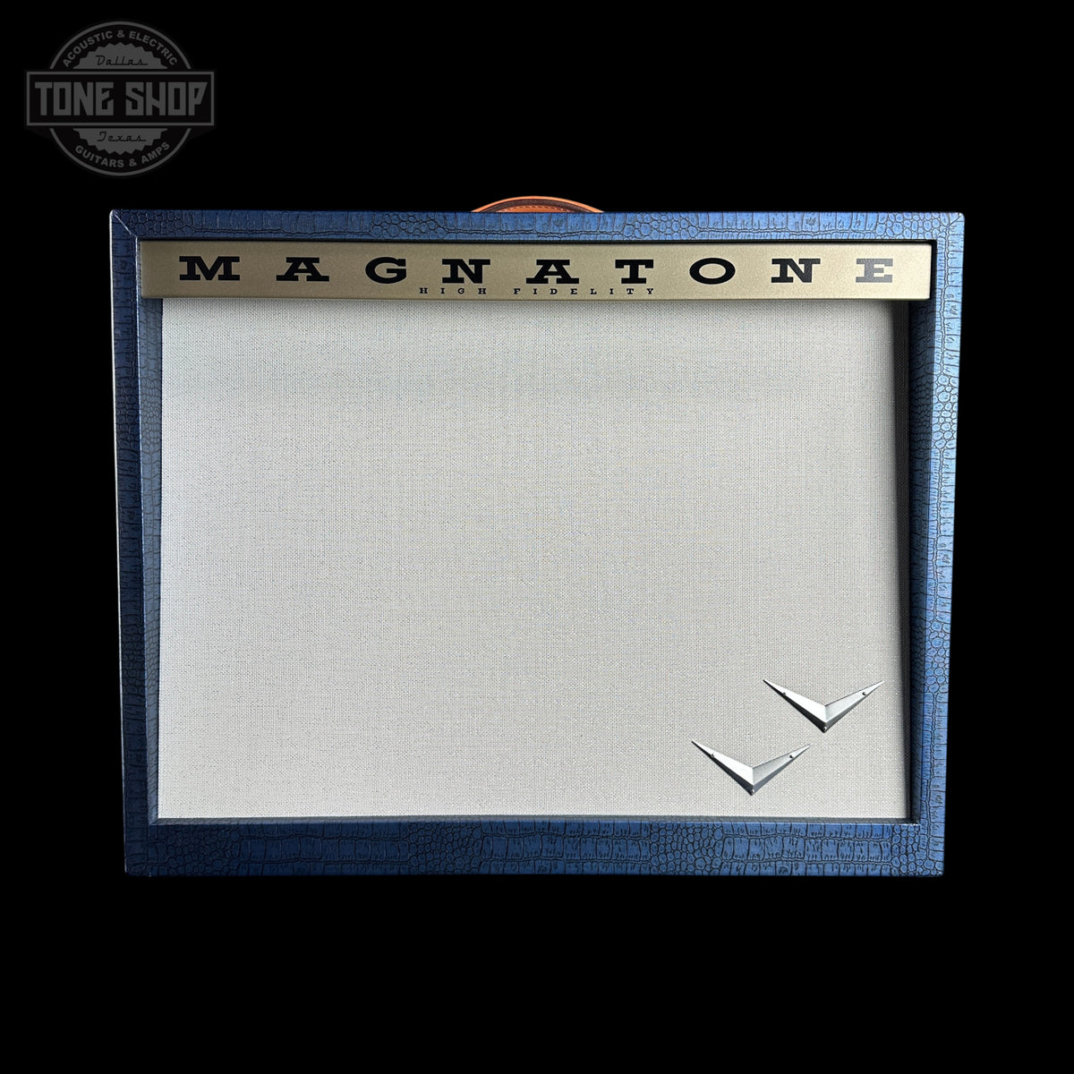 Front of Magnatone TSG Exclusive Panoramic Stereo Blue Croc / White 2x10 Tube Combo Amp.
