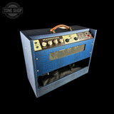 Back angle of Magnatone TSG Exclusive Panoramic Stereo Blue Croc / White 2x10 Tube Combo Amp.