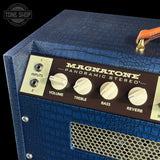 Back panel of Magnatone TSG Exclusive Panoramic Stereo Blue Croc / White 2x10 Tube Combo Amp.