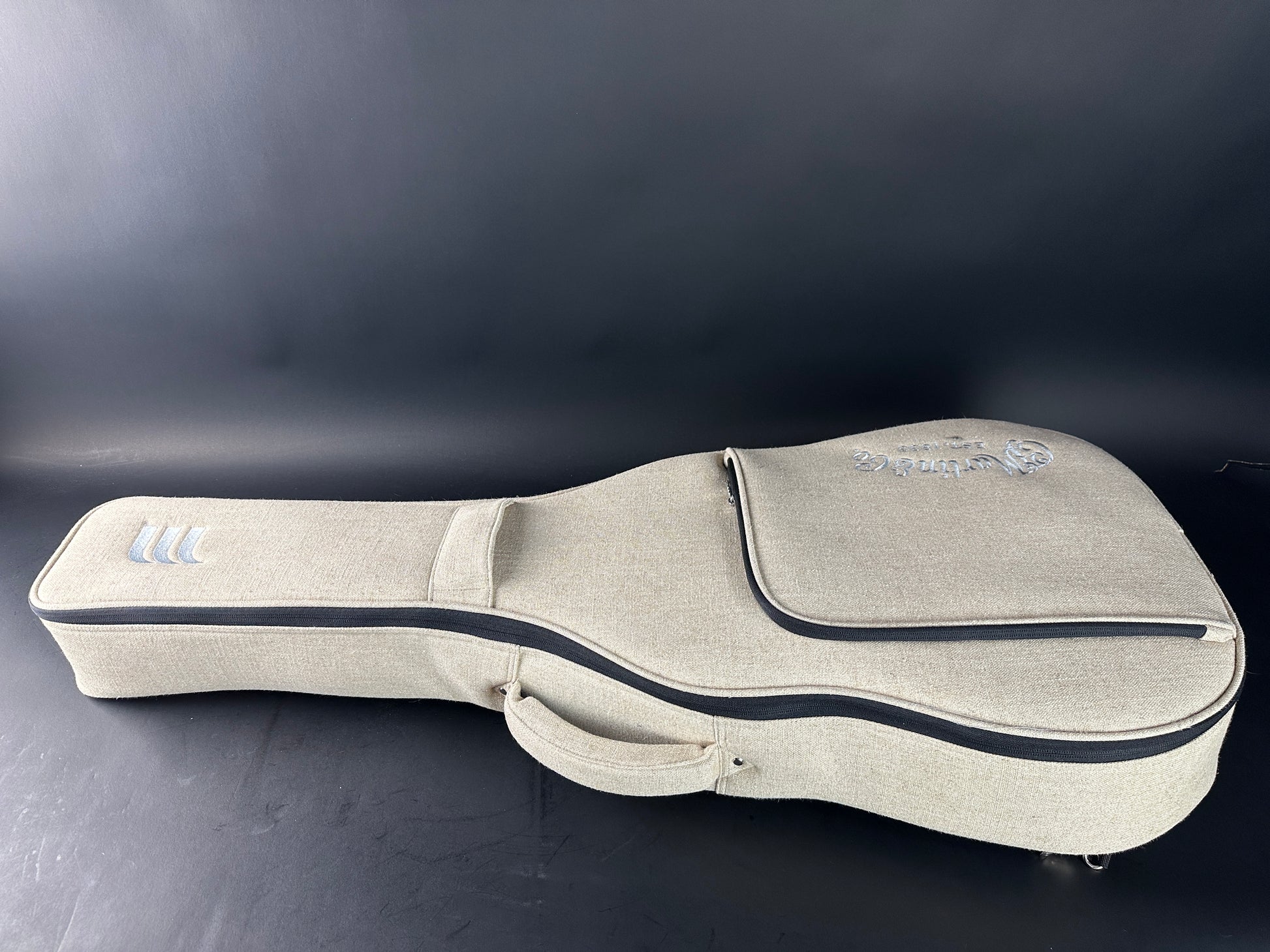 Guitar case with brand logo on a dark background