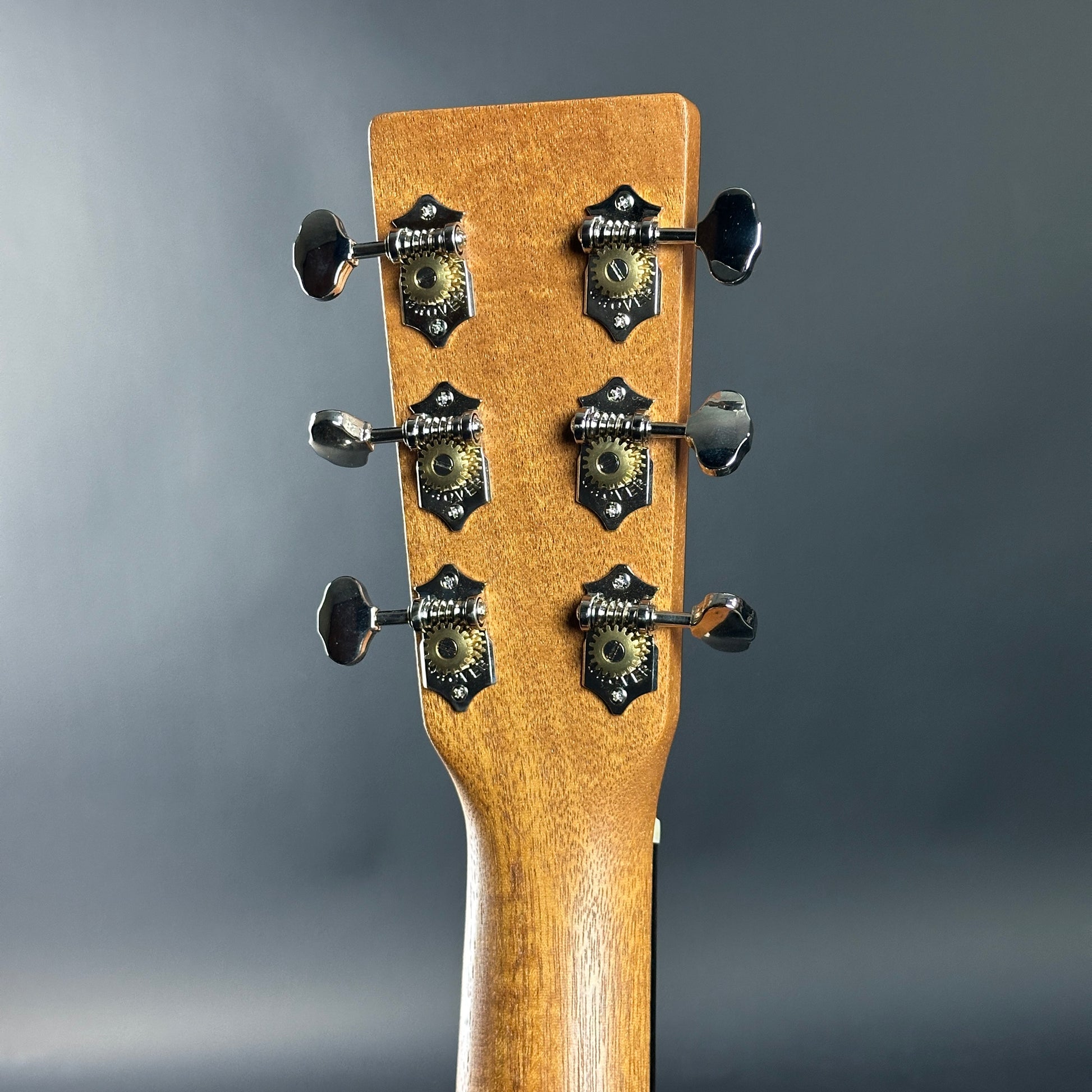 Close-up of a guitar headstock with tuning pegs on a gray background