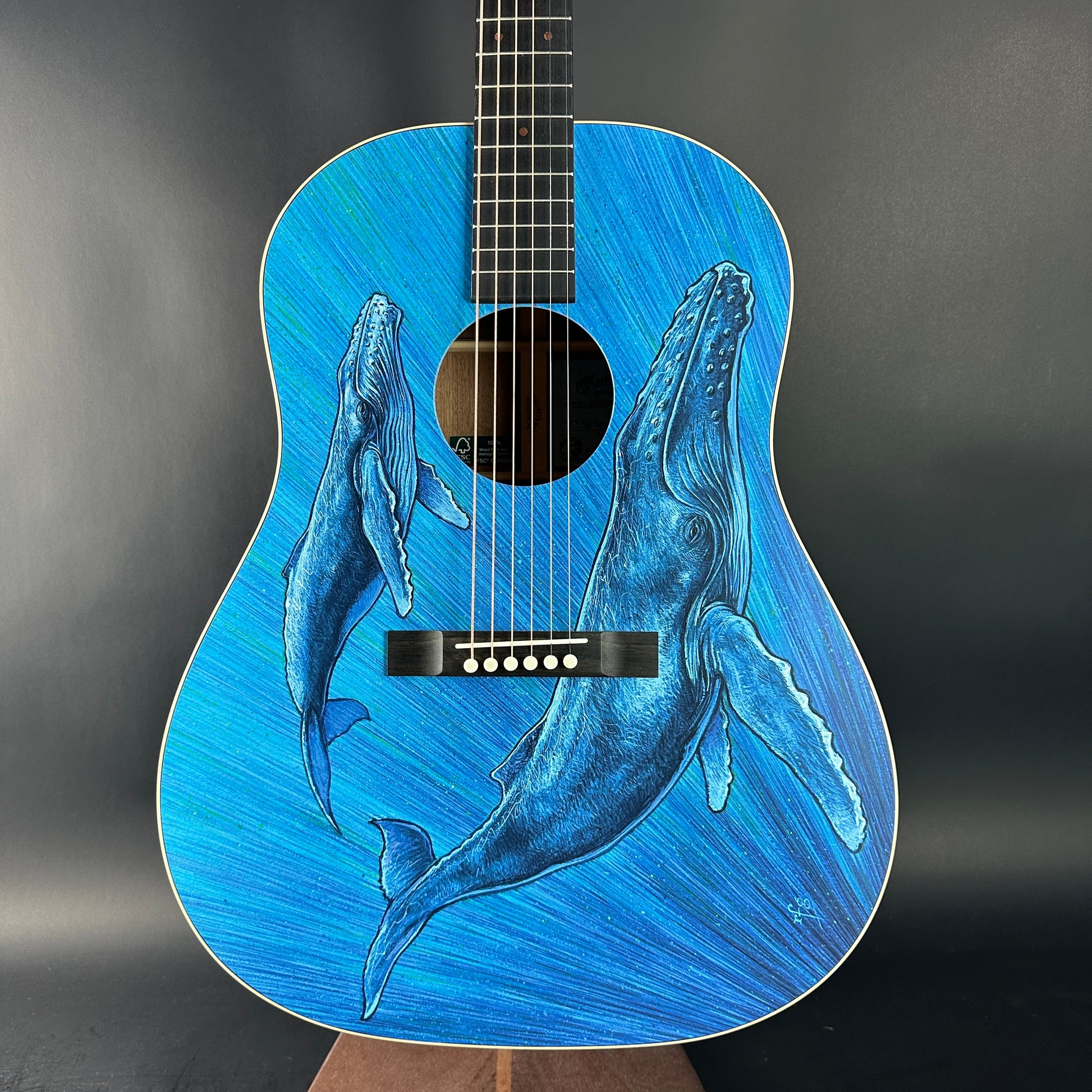 Blue acoustic guitar with whale design on a dark background
