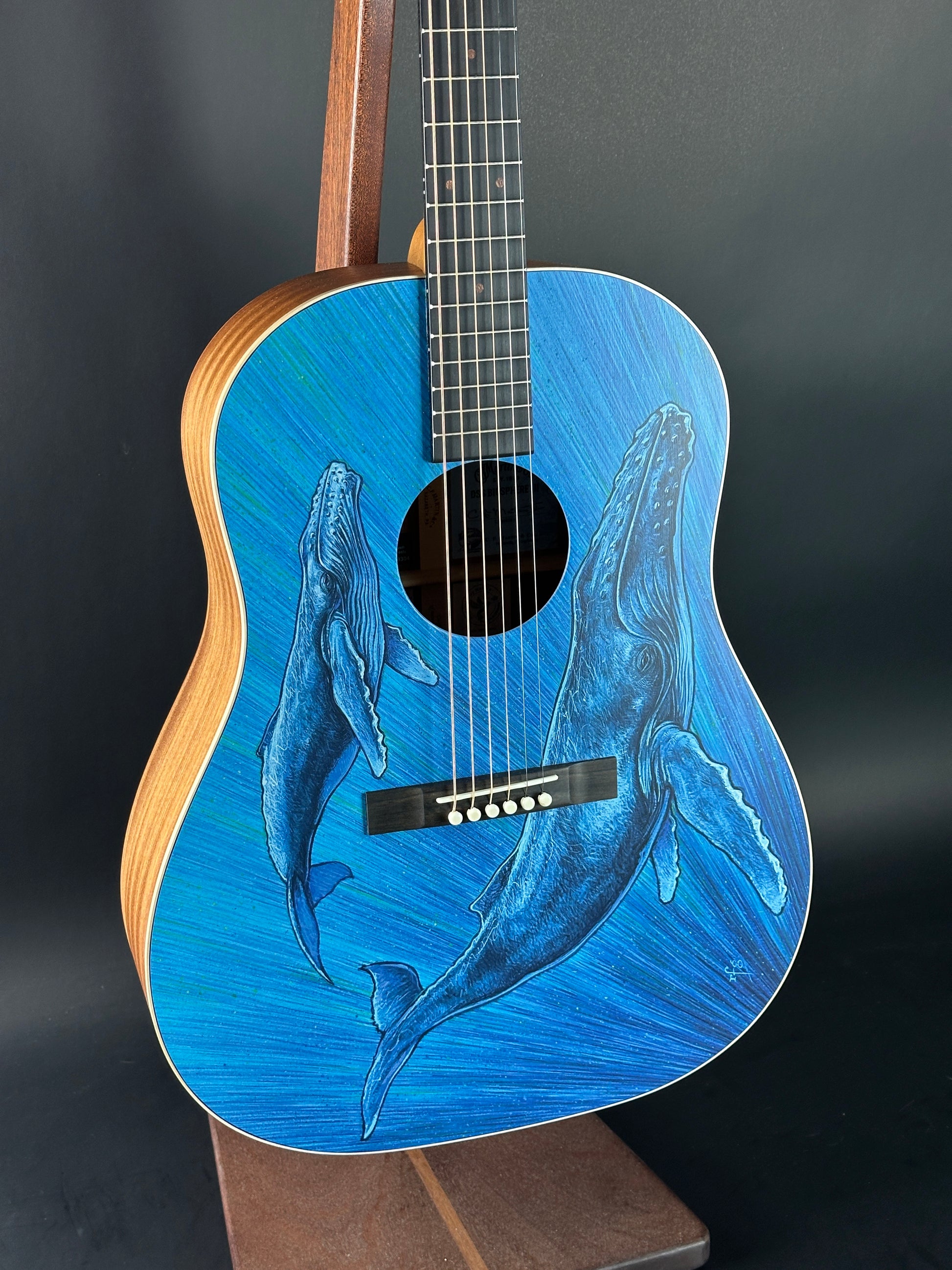 Blue acoustic guitar with whale design on a black background