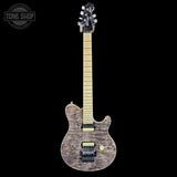 Full front of Ernie Ball Music Man 30th Anniversary Axis Translucent Black Quilt.